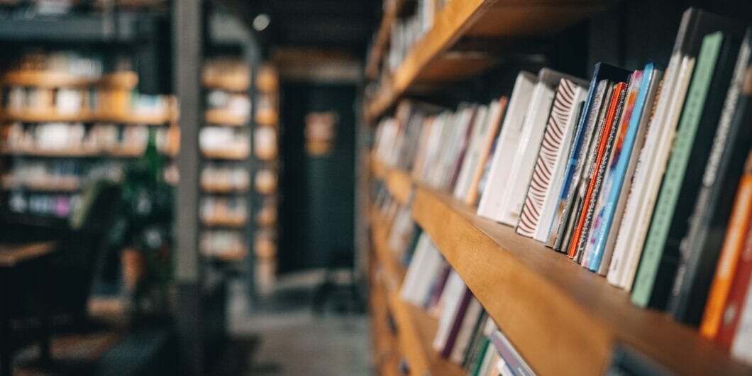 Library bookshelf: colorful spines, warm wood, neatly organized. Perfect for calm reflection and study