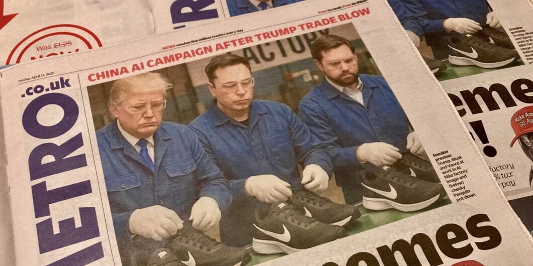 Nottinghamshire , UK 12 April 2025 : British freesheet tabloid newspaper report Influence operation by AI campaign to mock Donald Trump's trade war