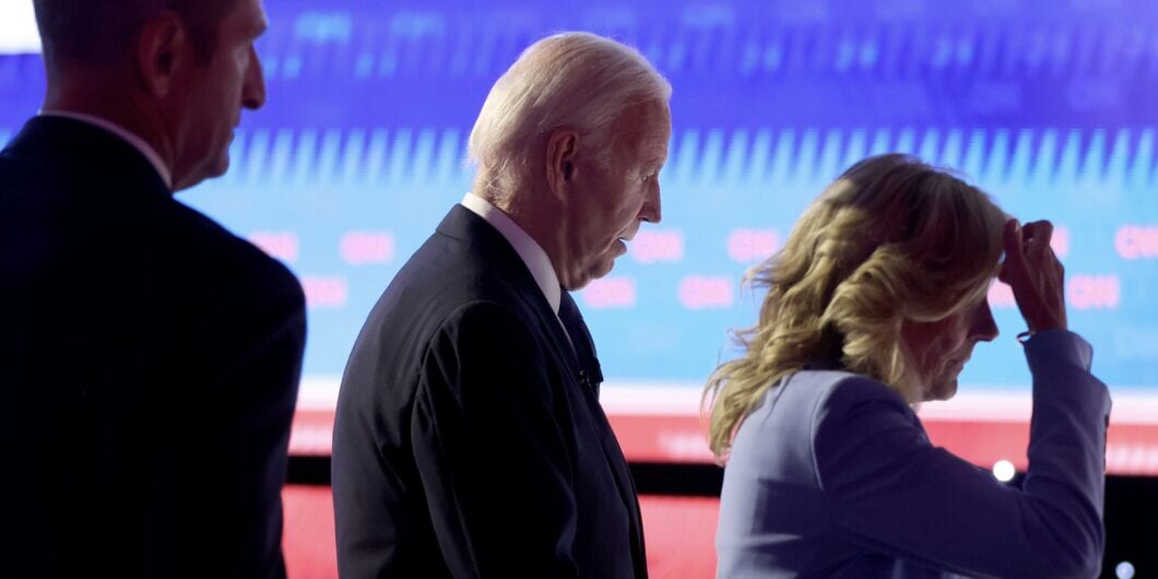 ATLANTA, GEORGIA   JUNE 27: U.S. President Joe Biden walks off with first lady Jill Biden following the CNN Presidential Debate at the CNN Studios on June 27, 2024 in Atlanta, Georgia. President Biden and Republican presidential candidate, former U.S. President Donald Trump are facing off in the first presidential debate of the 2024 campaign. (Photo by Justin Sullivan/Getty Images)