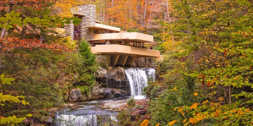 MILL RUN, PENNSYLVANIA, USA   OCTOBER 24, 2017: Fallingwater over Bear Run waterfall in the Laurel Highlands of the Allegheny Mountains.