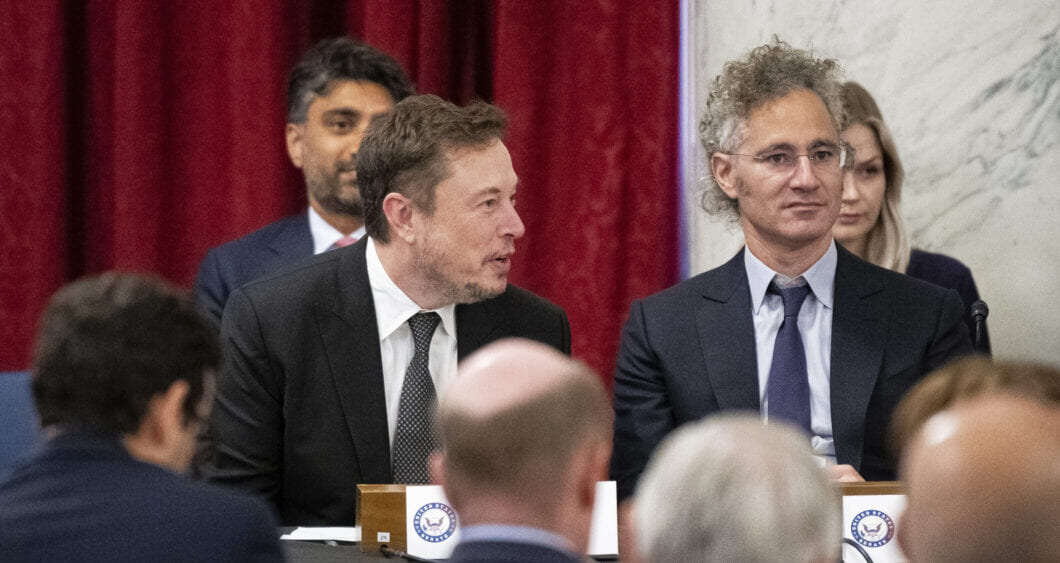 X/Tesla CEO Elon Musk and Palantir CEO Alex Karp during the Senate AI Insight Forum, at the U.S. Capitol, in Washington, D.C., on Wednesday, September 13, 2023. (Graeme Sloan/Sipa USA)(Sipa via AP Images)