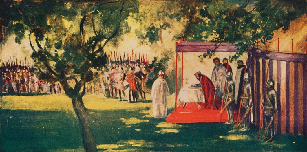 'King John signing Magna Charta at Runnydale', 1912. The Magna Carta was a charter agreed to by King John of England at Runnymede, near Windsor, on 15 June 1215. it promised the protection of church rights, protection for the barons from illegal imprisonment, access to swift justice, and limitations on feudal payments to the Crown, From The Mighty Army, by W. M. Letts, illustrated by Stephen Reid. [Wells Gardner, Darton & Co., Ltd, London, 1912]Artist Unknown. (Photo by The Print Collector/Getty Images)