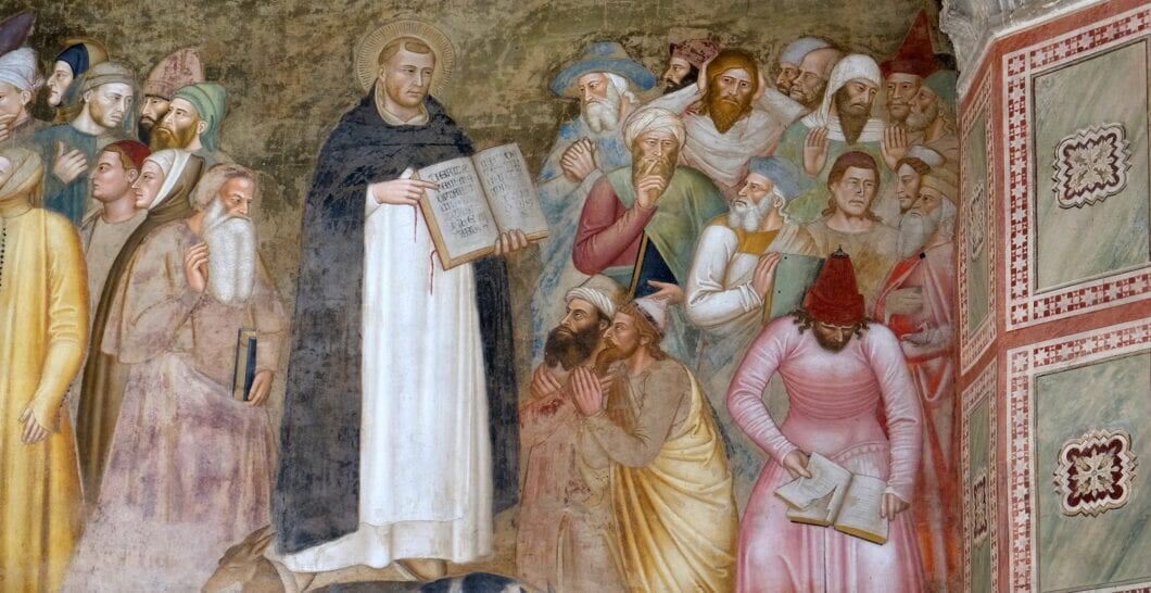 FLORENCE, ITALY   JANUARY 10, 2019: Saints Peter the Martyr and Thomas Aquinas Refute the Heretics, fresco by Andrea Di Bonaiuto, Spanish Chapel in Santa Maria Novella Dominican church in Florence