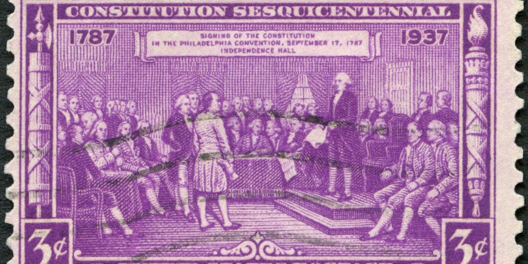 MOSCOW, RUSSIA   JULY 19, 2020: A stamp printed in USA shows Sesquicentennial of the Signing of the Constitution, September 17, 1787, 1937