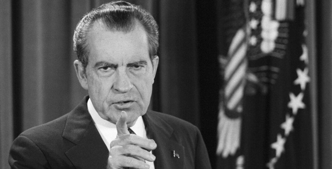 President Nixon points to a reporter during his televised news conference in the East Room of the White House.