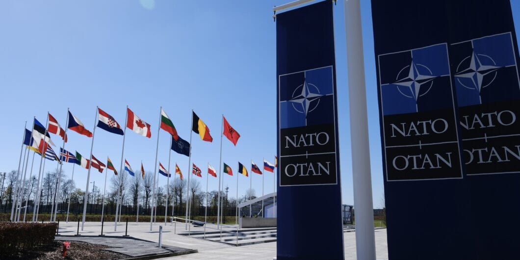 The national flags of countries member of the NATO fly outside the organisation headquarters in Brussels, Belgium on April 3, 2023.