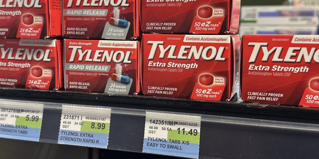 A retail display of various Tylenol medication products, including Extra Strength and Ultra Relief tablets, photographed on a store shelf in Vulcan Alberta Canada. August 24 2025. Editorial Use only
