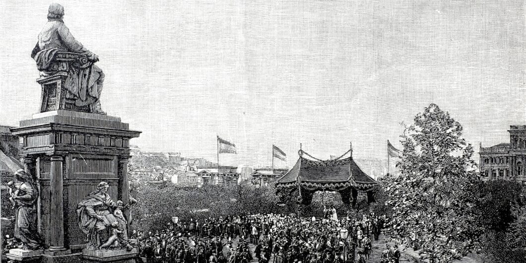 The unveiling of the Deak Monument, statue of Ferenc Deak, in Budapest on 29 September 1887, Hungary, Historical, authentic, digitally restored reproduction from a 19th century original, Record date n